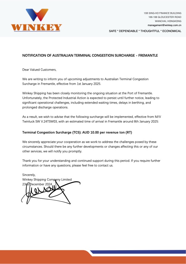 Australian Terminal Congestion Surcharge Notice